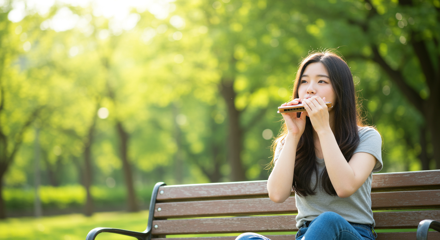 공원 벤치에서 햇볕을 받으며 편안하게 하모니카를 연주하는 젊은 여성