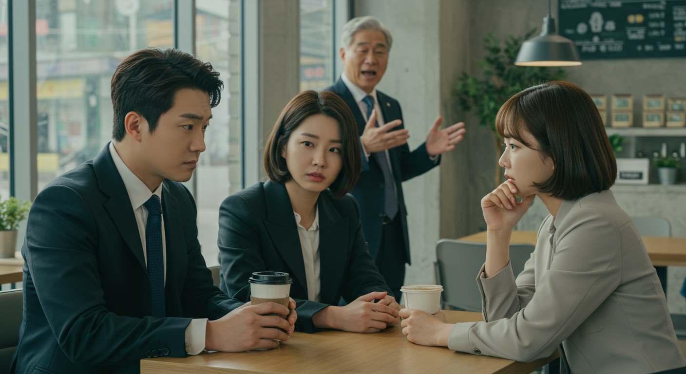 카페에서 경력 문제를 논하는 젊은 직장인들과 과거 성과를 자랑하는 중년 남성