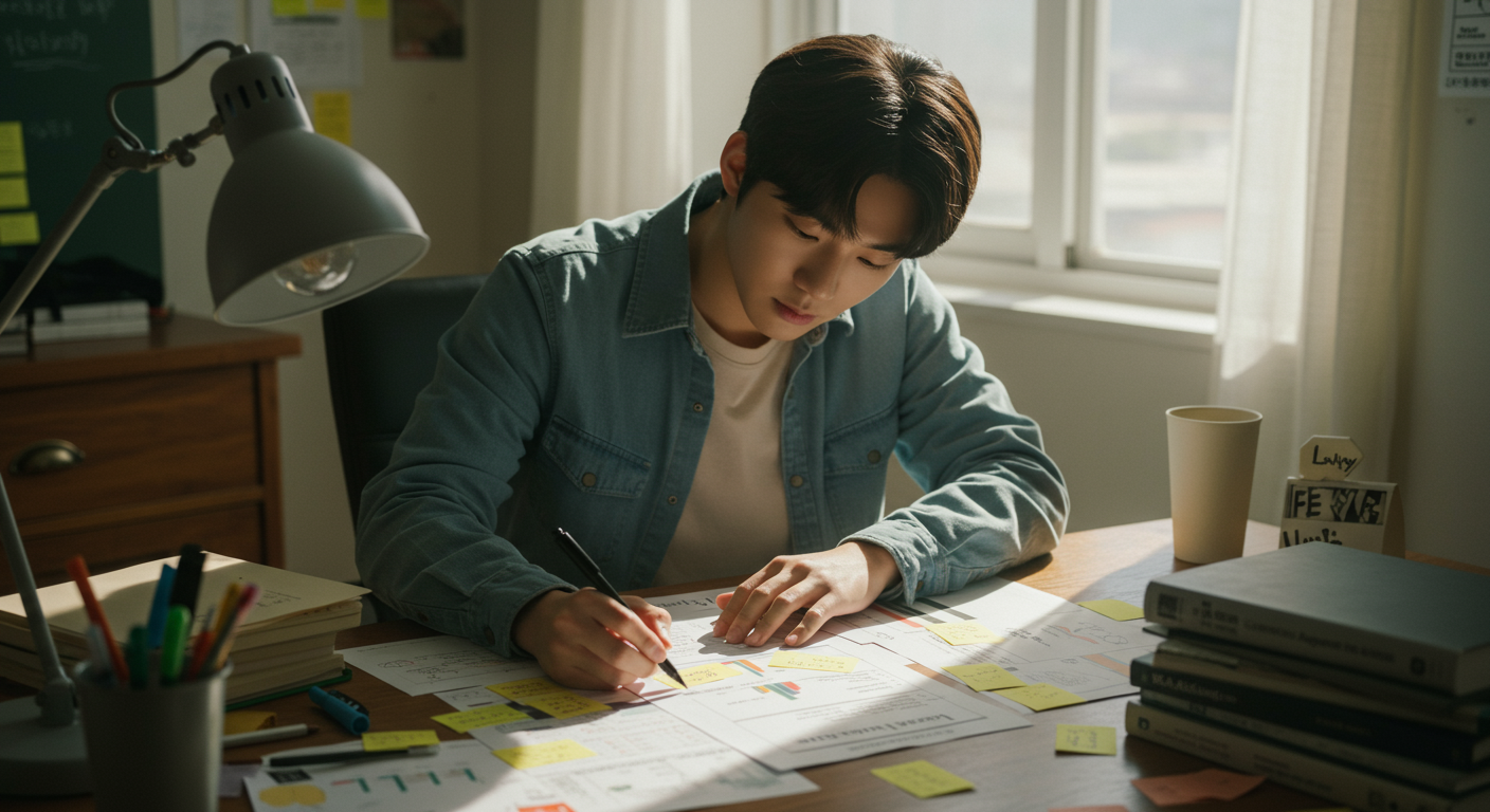 책상에서 차트와 메모를 사용하여 입시 계획을 세우는 청년의 모습