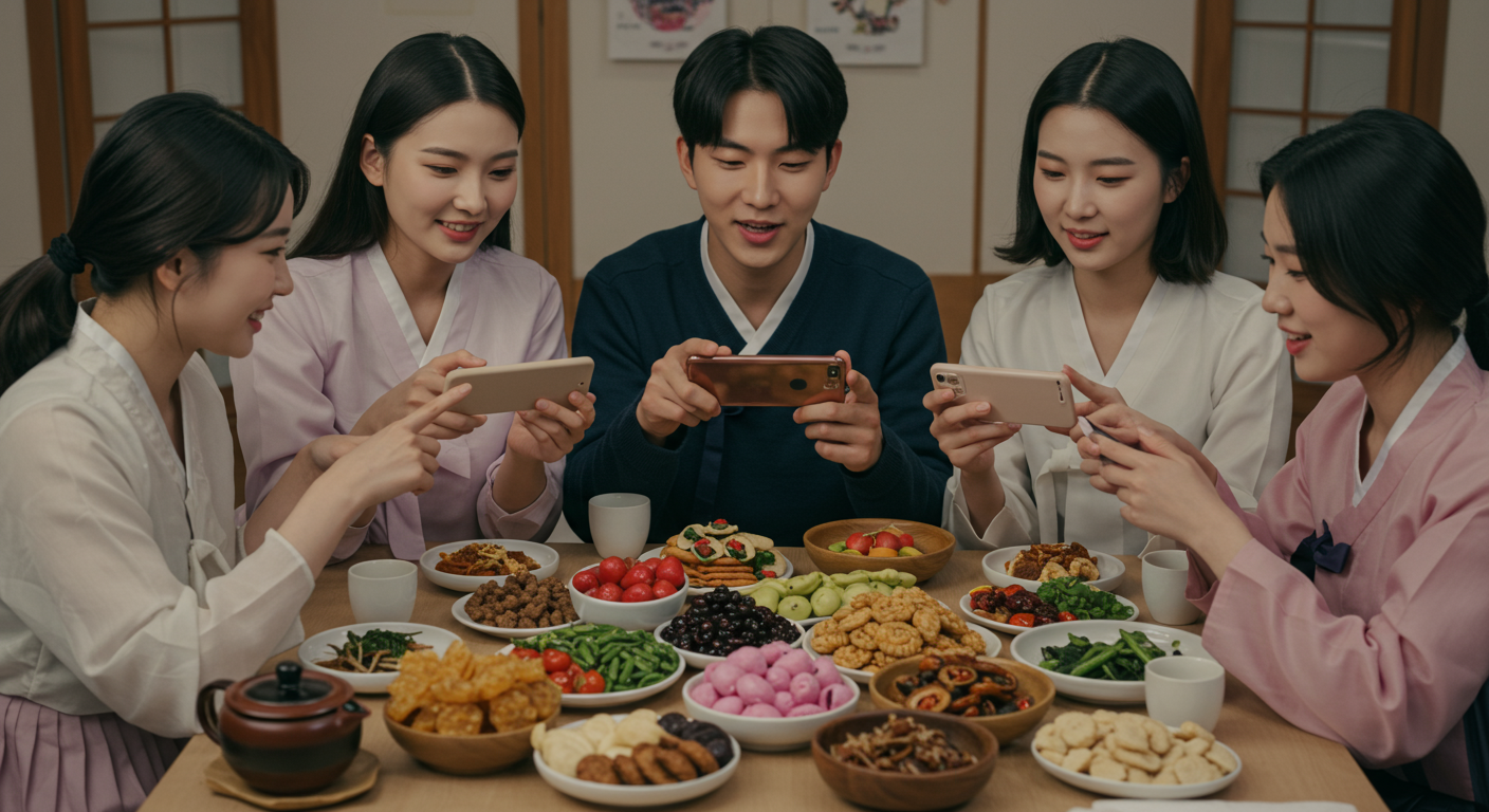 젊은 친구들이 추석 음식을 두고 스마트폰으로 디지털 이벤트에 참여하는 모습