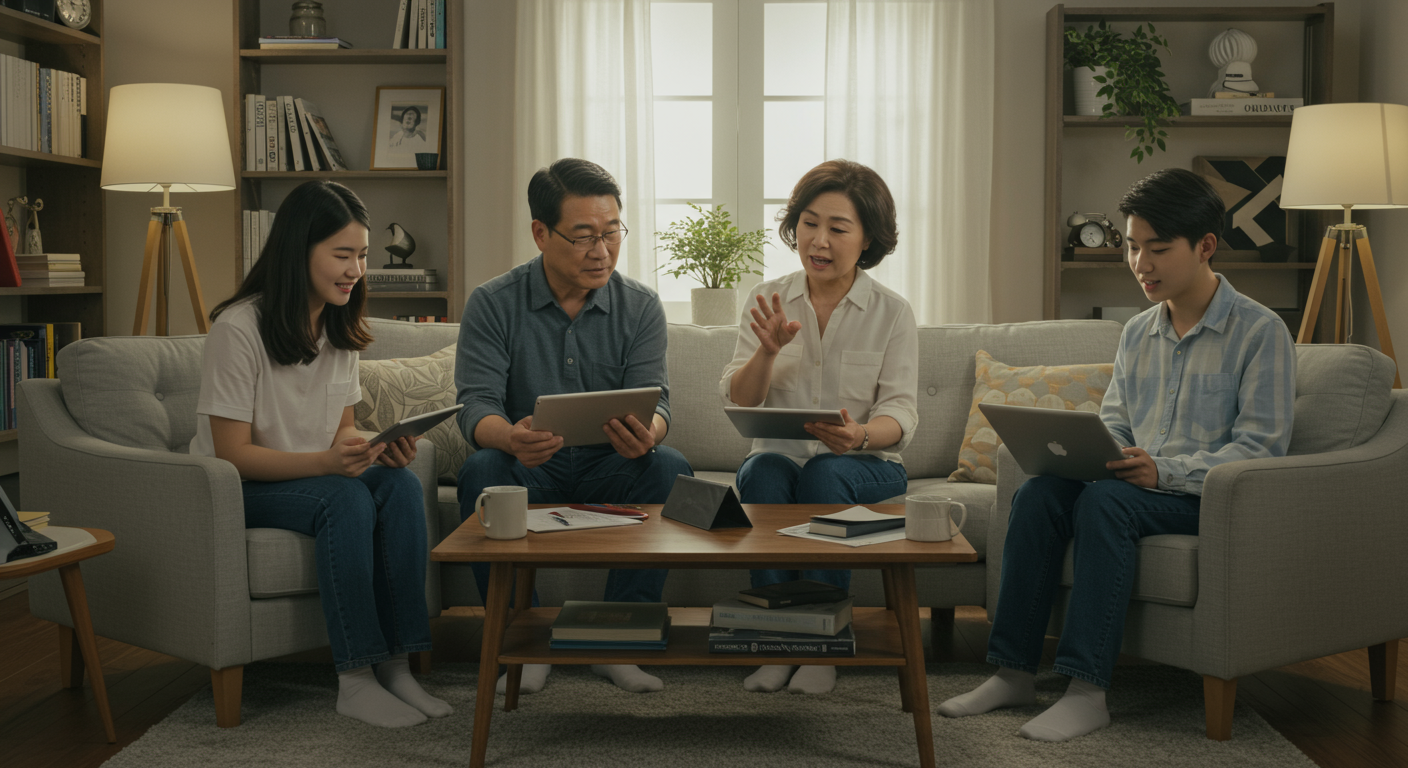 가족들이 거실에서 여러 기기를 사용하여 온라인 행사 참여 전략을 논의하는 모습
