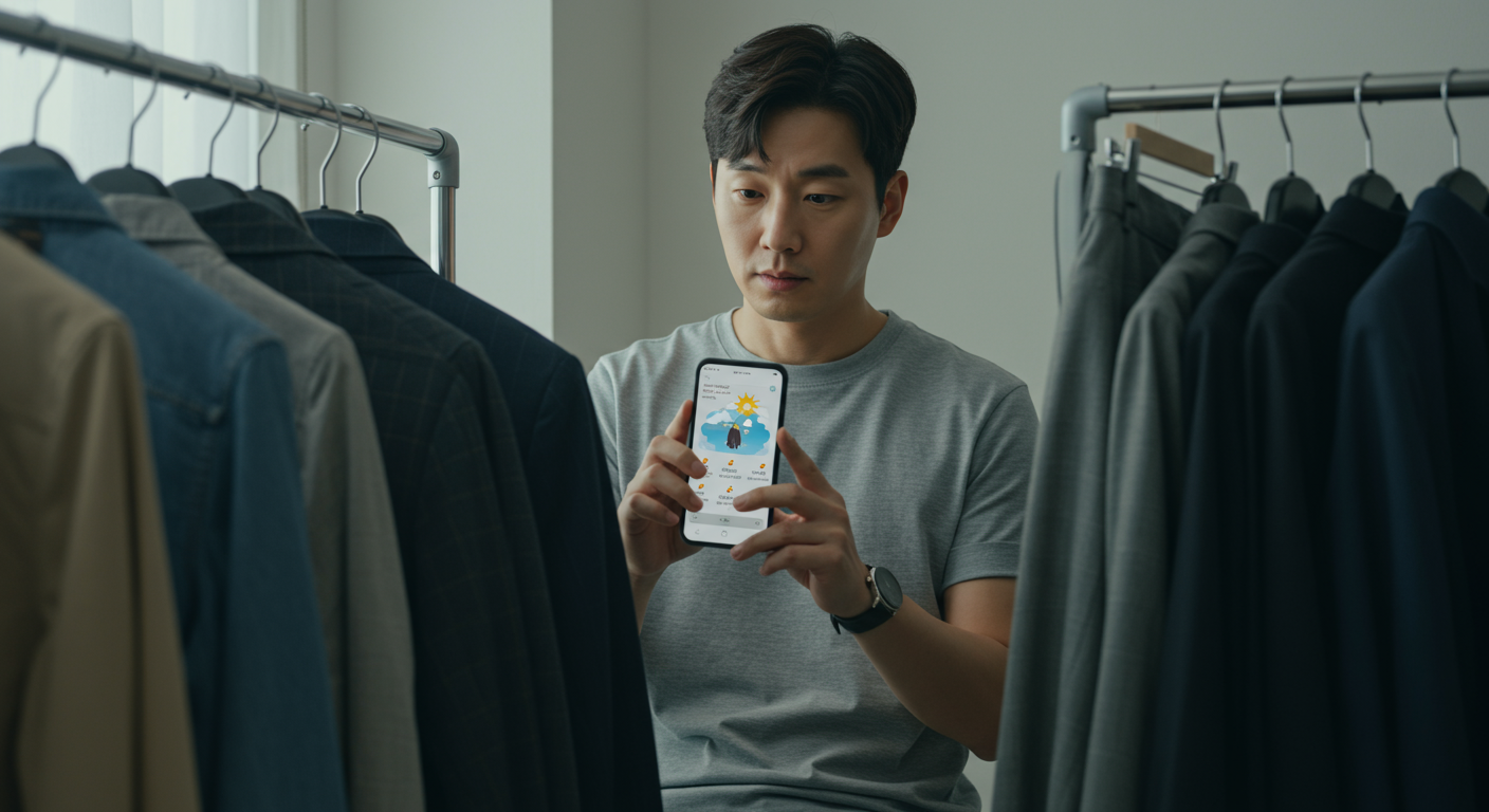 실시간 날씨에 따른 의류 추천 앱을 확인하는 남성의 모습
