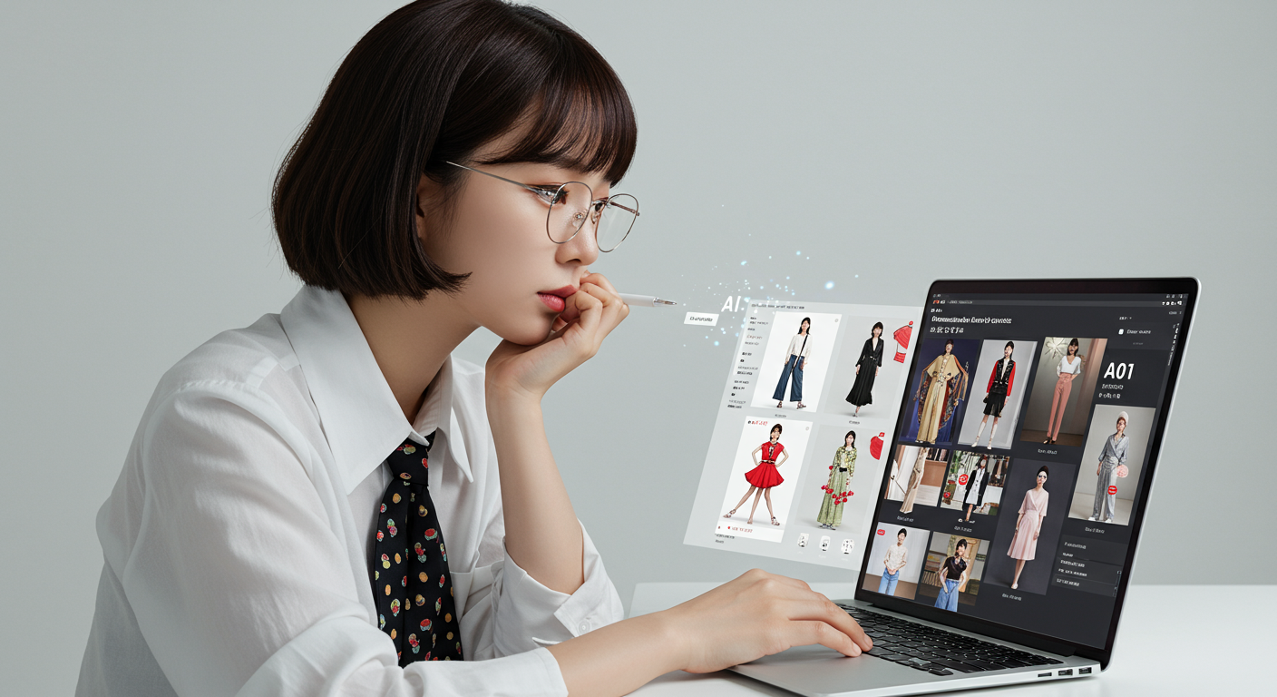 AI 소프트웨어를 통해 개인 맞춤형 스타일링 제안을 준비하는 스타일리스트