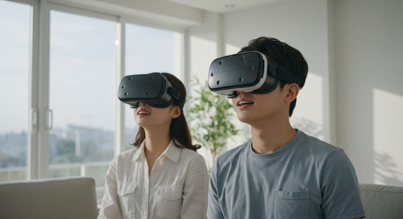 한국 남녀가 현대적인 거실에서 VR 헤드셋을 사용하여 가상 세계에 몰입한 모습