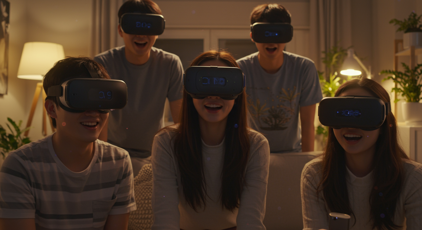 아늑한 아파트에서 갤럭시 XR 헤드셋을 통해 VRChat 페이셜 트래킹 경험을 나누는 젊은 한국인들