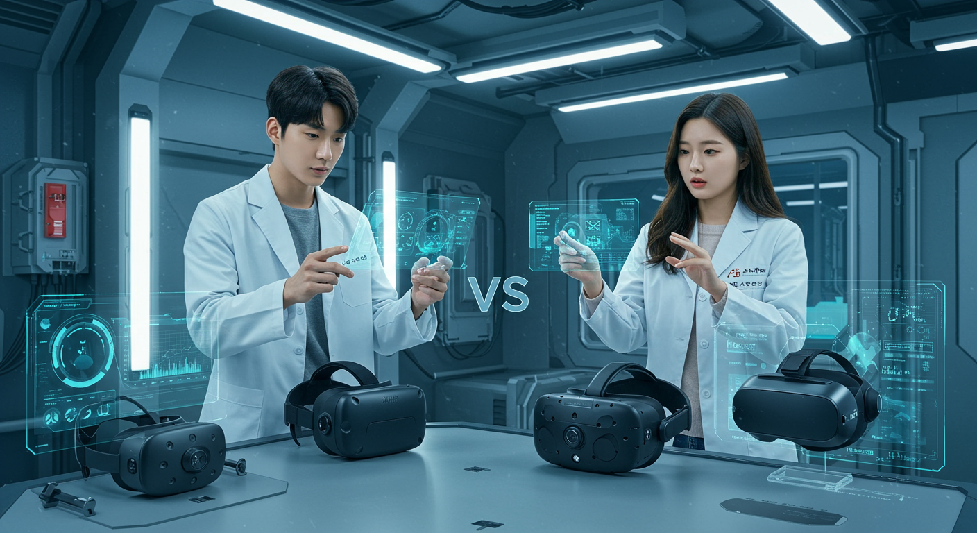 미래 지향적 기술 연구소에서 갤럭시 XR과 다른 VR 헤드셋들을 평가하는 한국 테크 애호가들