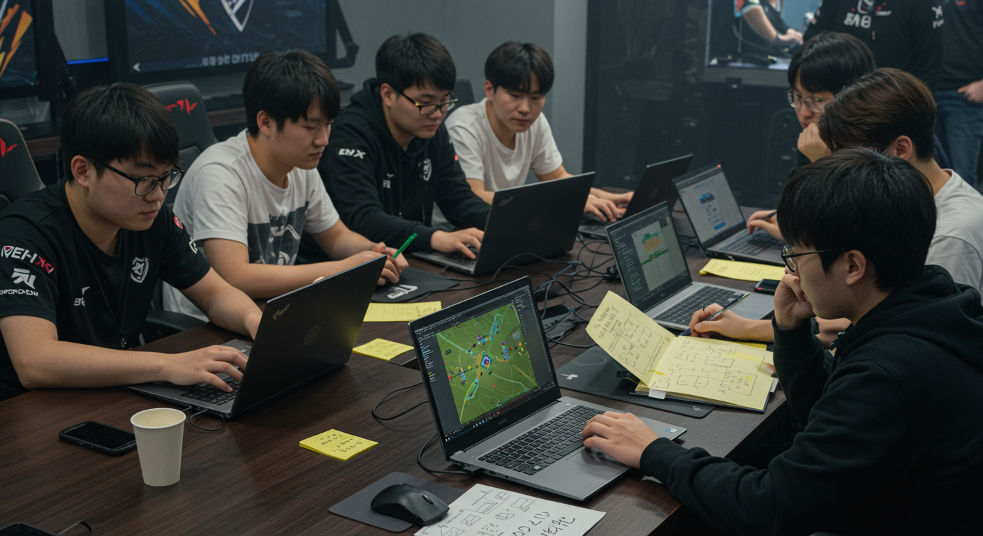 한국 플레이어들이 테이블에 모여 노트와 함께 게임 전투 전략을 계획하는 모습