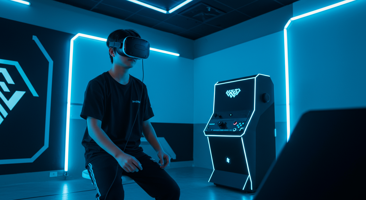 최신식 게임룸에서 VR 헤드셋을 쓴 게이머의 집중한 모습