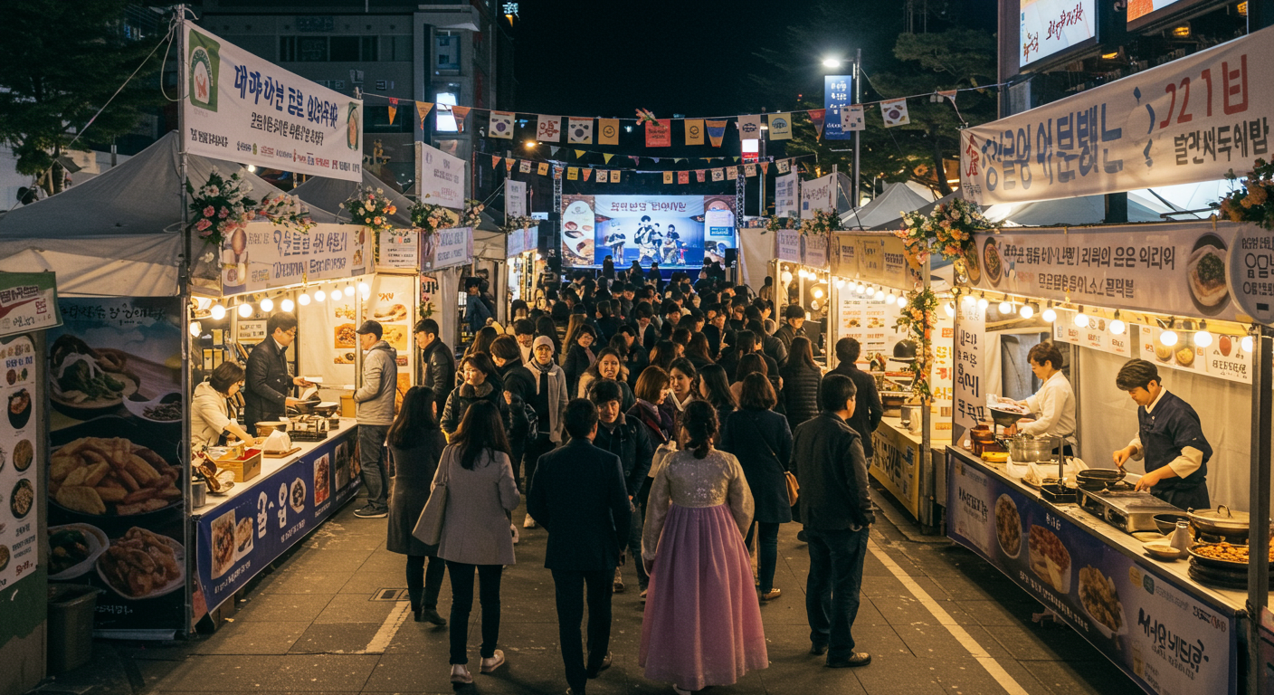 한우축제에서 미식코스존 앞에 사람들이 줄 서 있는 활기찬 모습