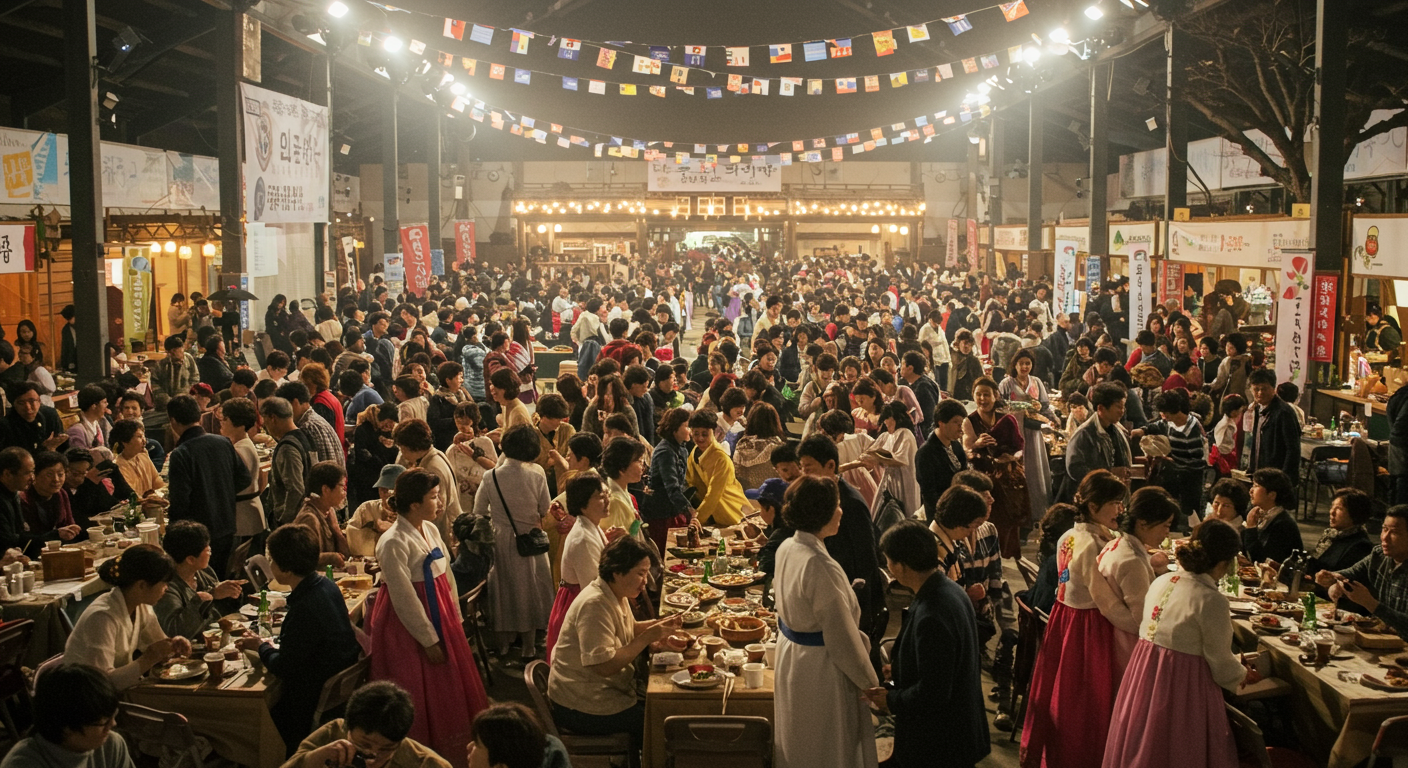 많은 인파가 모인 지역 축제에서 프리미엄 다이닝 섹션이 보이는 풍경