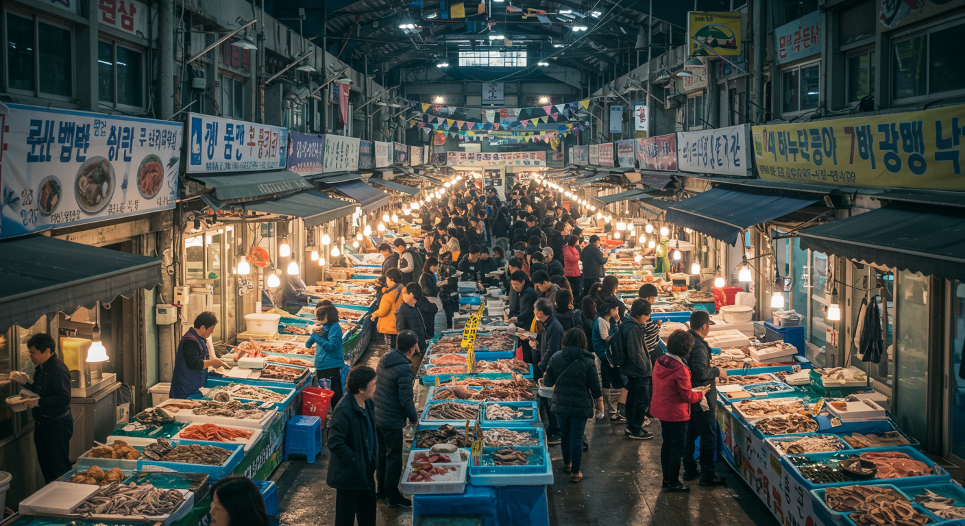 부산 자갈치시장에서 축제를 즐기는 사람들, 해산물 가판대와 축제 장식으로 활기찬 모습