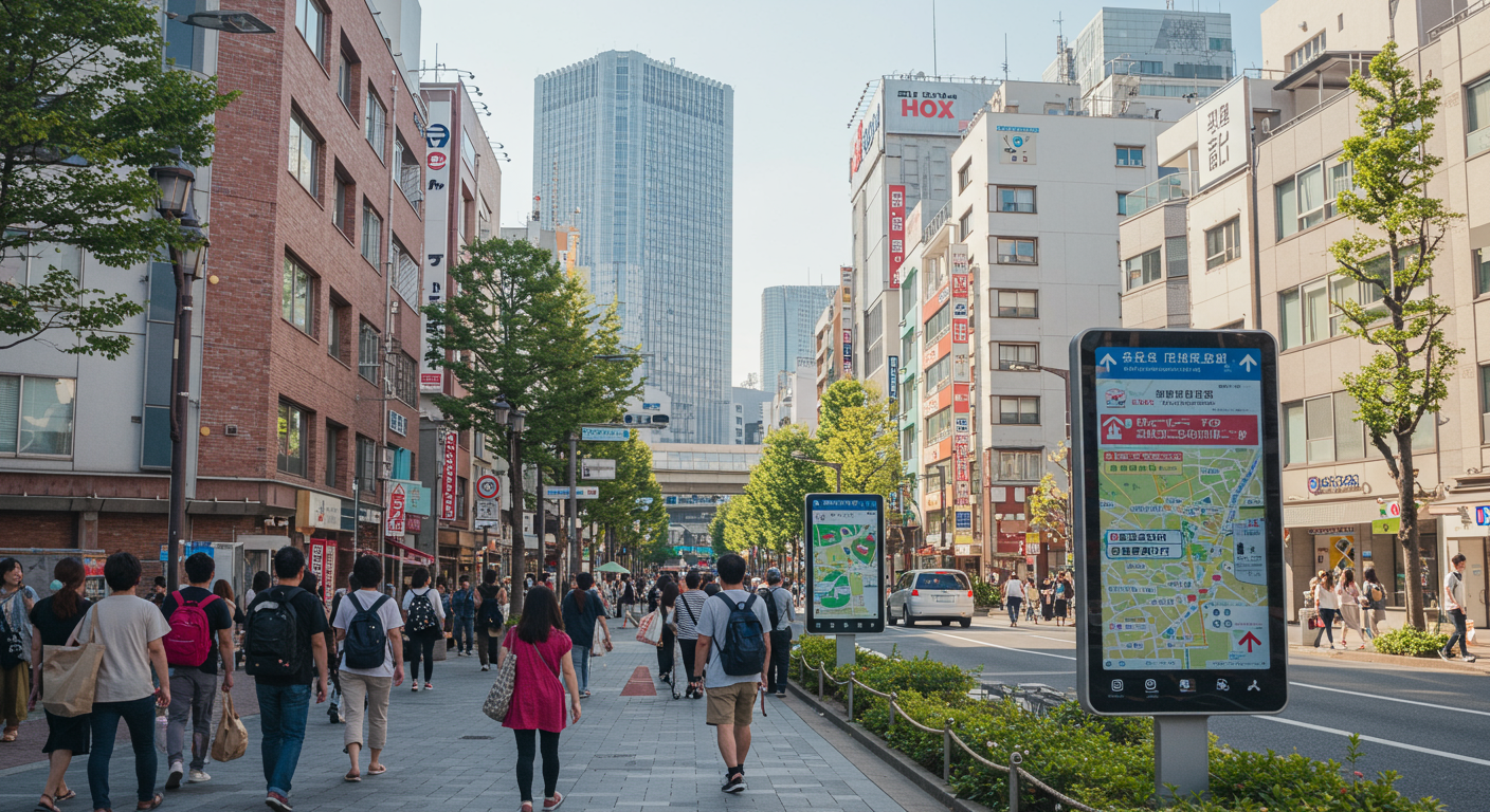 도쿄의 거리에서 스마트폰과 다국어 표지판을 보며 길을 찾는 관광객들