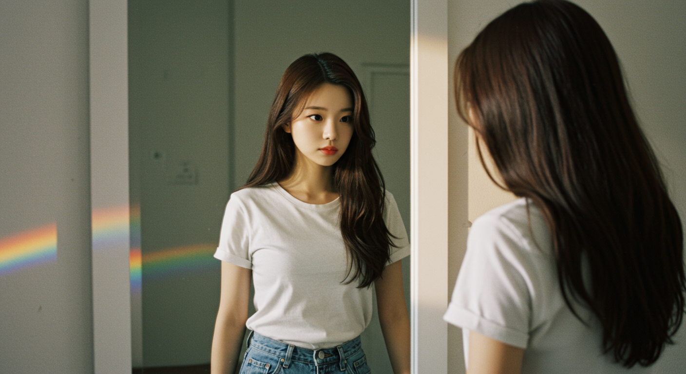 거울 앞에 서서 무지개 색상이 은은하게 비치는 유리에 반영된 모습을 보는 젊은이