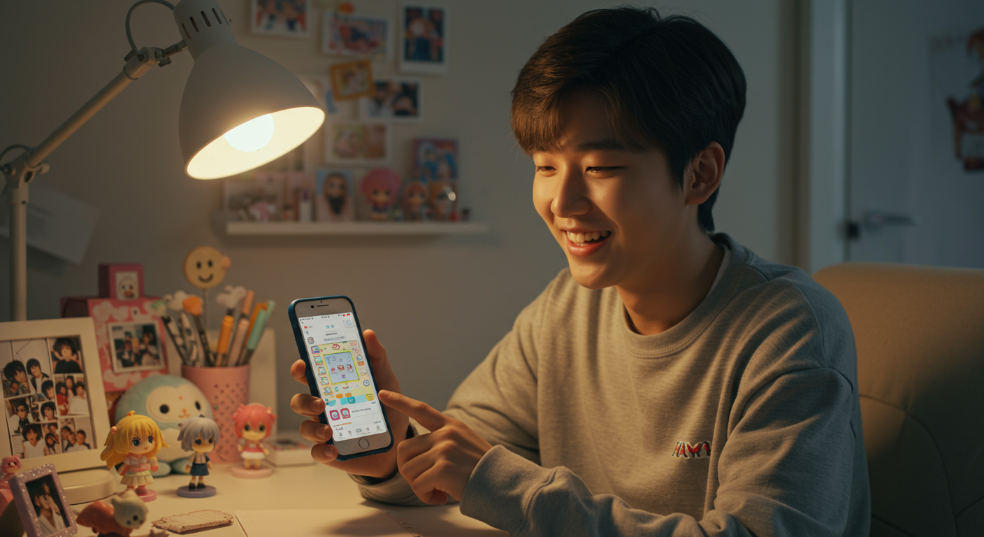 책상에서 다마고치 채팅 테마가 적용된 휴대폰과 상호작용하는 십대