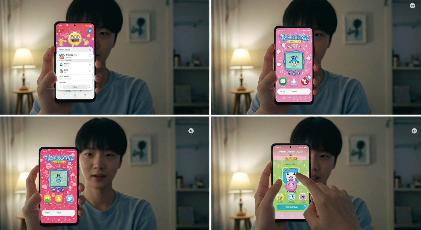 갤럭시 휴대폰에 다마고치 테마를 다운로드 중인 젊은 성인
