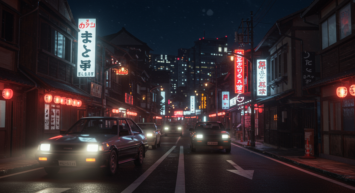 네온사인과 빈티지 자동차가 있는 1980년대 일본 도시 풍경