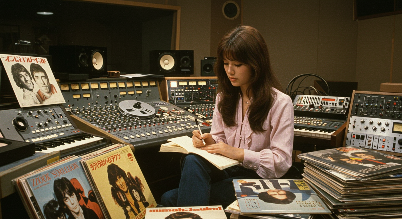 1980년대 초반 녹음실에서 비닐 레코드와 장비에 둘러싸인 젊은 여성 작곡가
