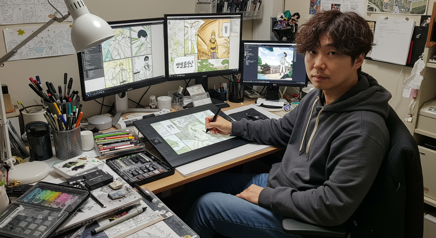 작업 도구와 컴퓨터 화면에 둘러싸인 한국 웹툰 작가가 집중하는 모습