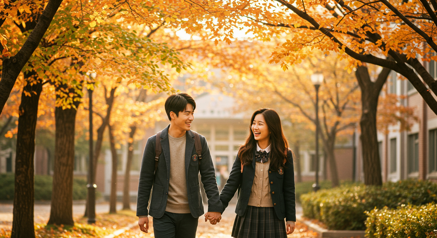 가을의 고등학교 캠퍼스를 손잡고 걷는 젊은 커플의 따스한 장면