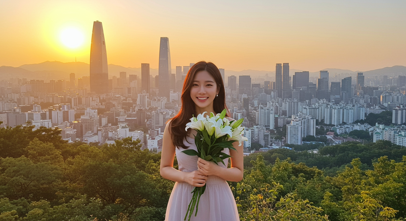 서울 스카이라인을 배경으로 새 출발과 미래에 대한 낙관을 상징하는 한국 여성