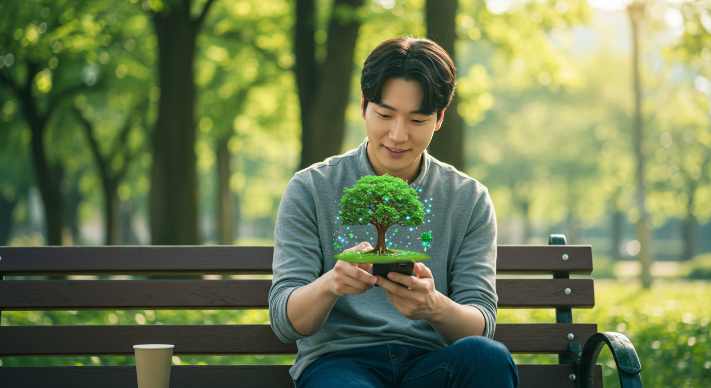 점심시간에 공원 벤치에서 스마트폰으로 가상 나무를 관리하는 한국 남성