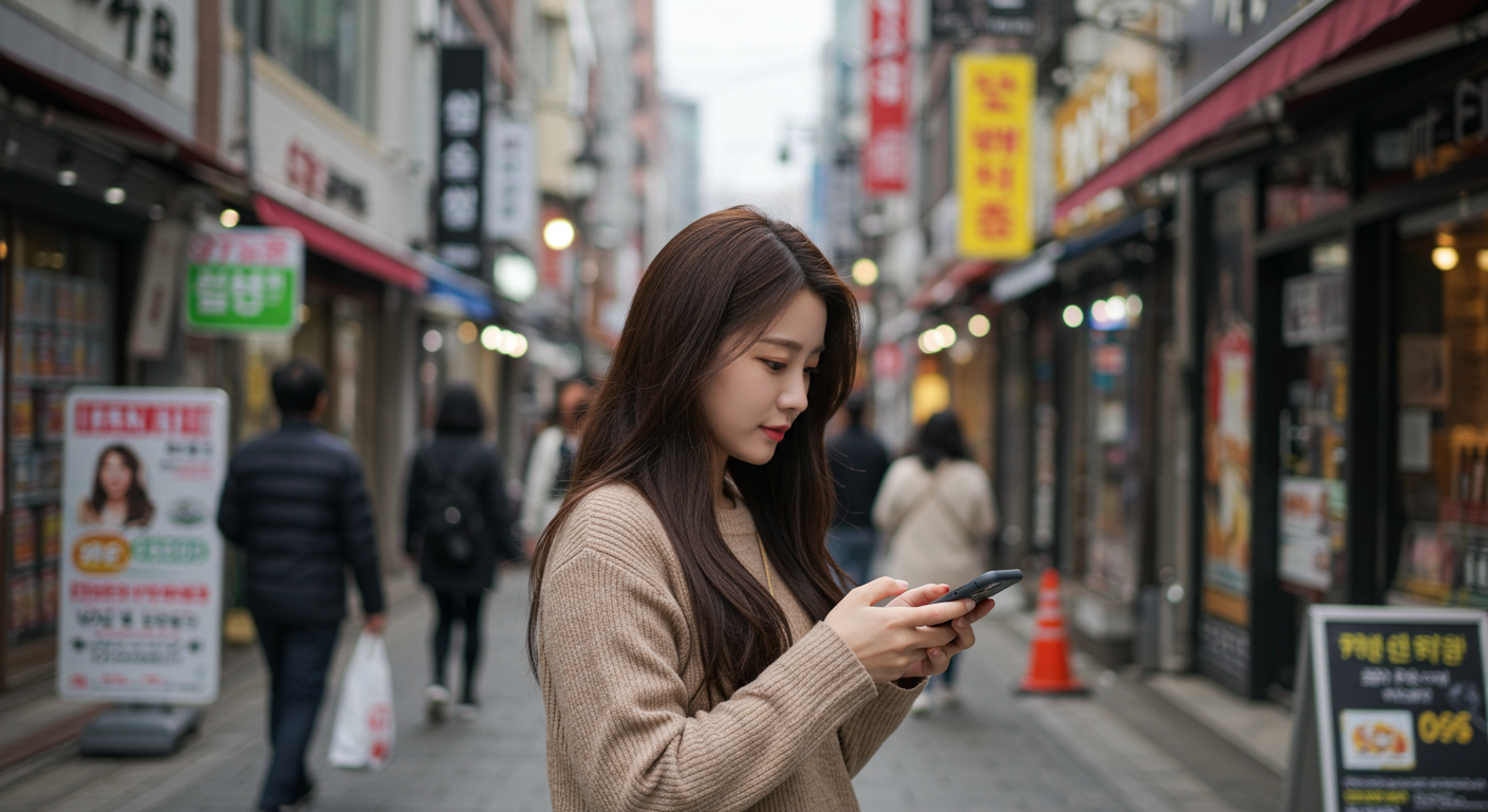 스마트폰으로 매일 같은 시간에 체크인하며 보상을 극대화하는 한국 여성