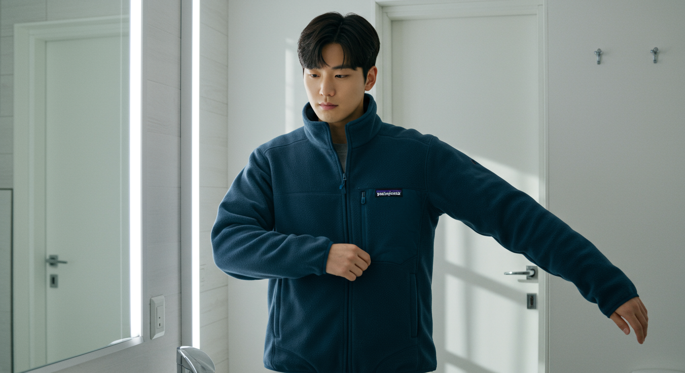 한 남자가 거울 앞에서 파타고니아 신칠라 자켓의 사이즈를 고민하는 모습