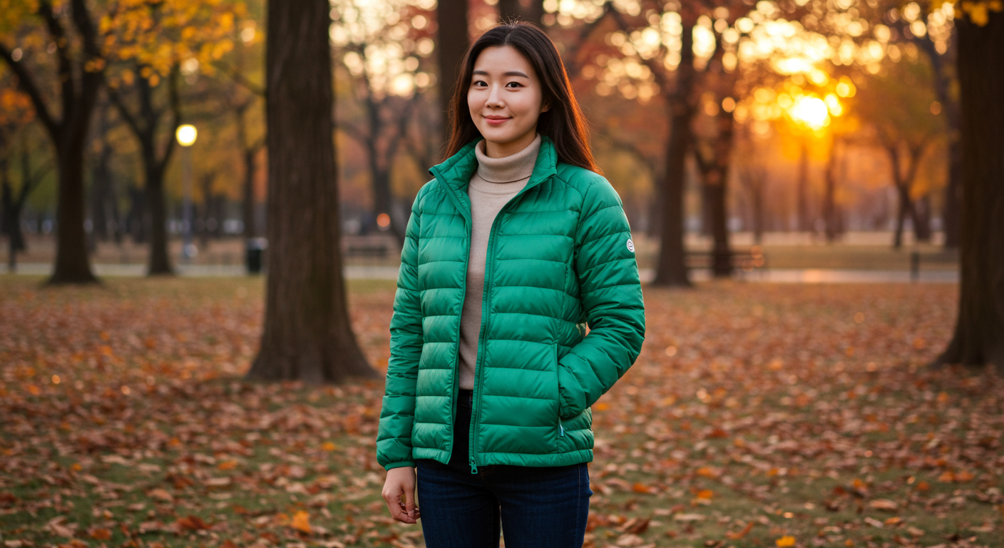 가을 공원에서 유니클로 경량패딩을 입고 있는 여성