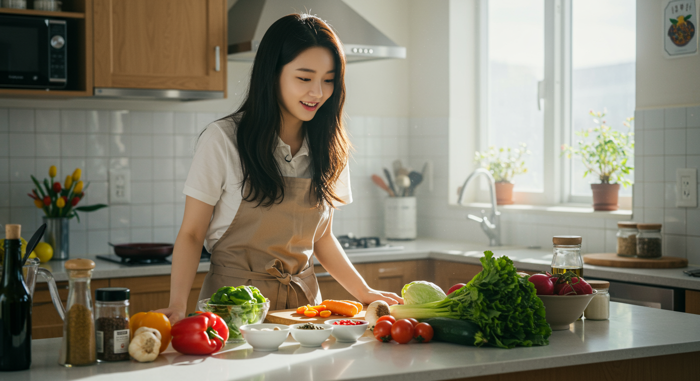 현대식 주방에서 요리에 대한 호기심과 설렘을 느끼는 젊은 사람의 모습