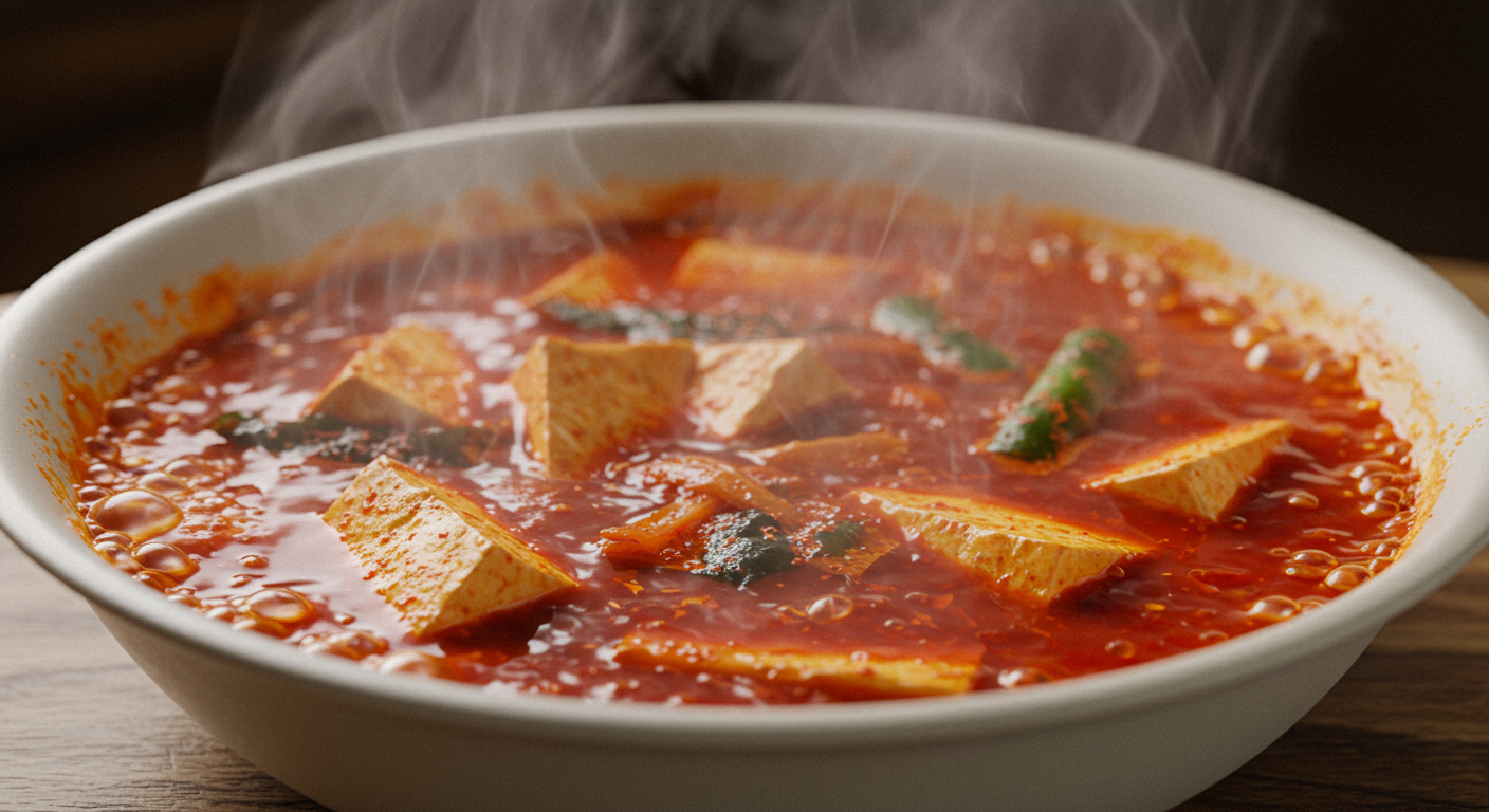 김이 모락모락 나는 붉은 국물의 순두부찌개 클로즈업