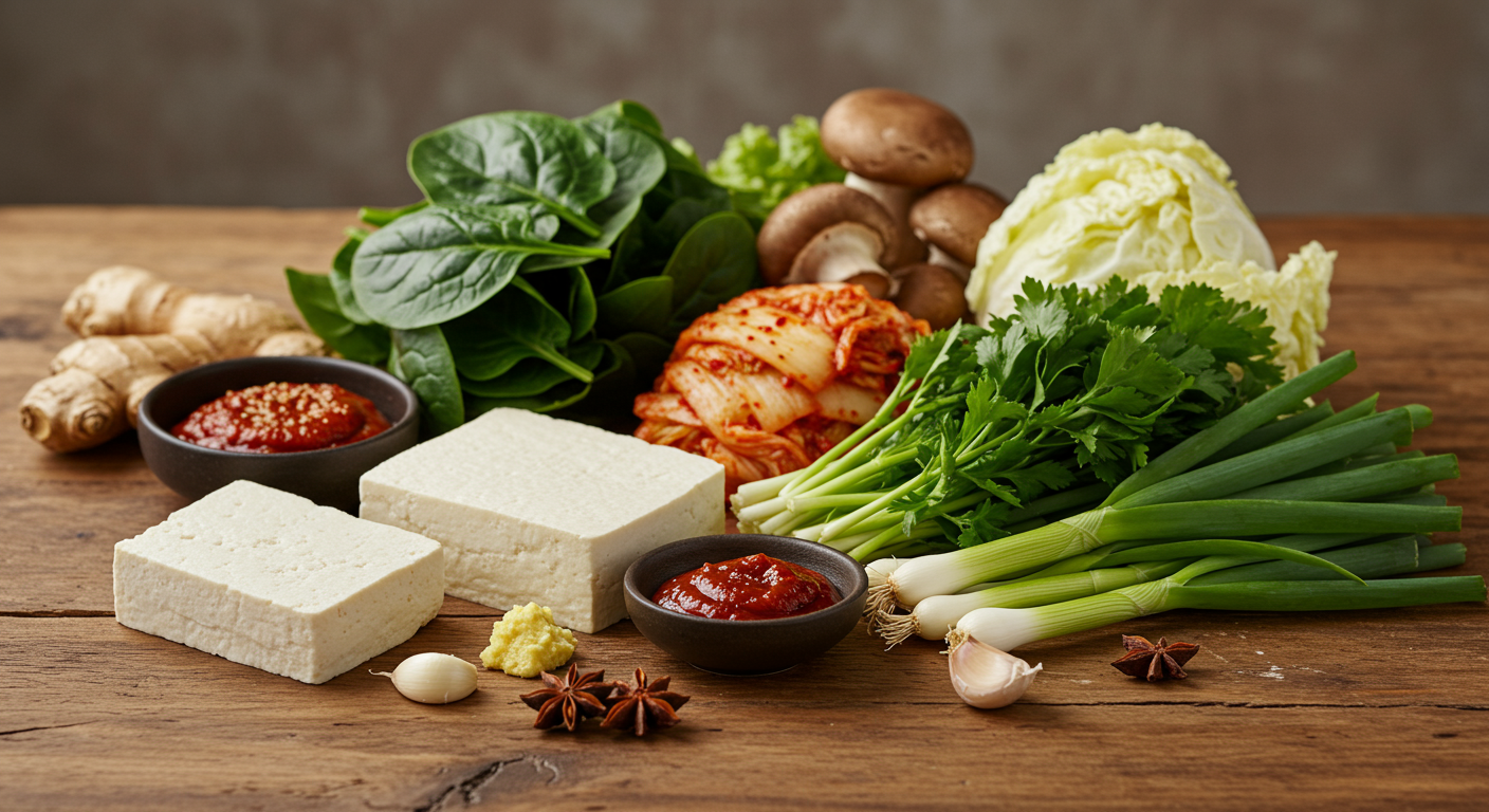 나무 조리대 위에 놓인 신선한 순두부찌개 재료들