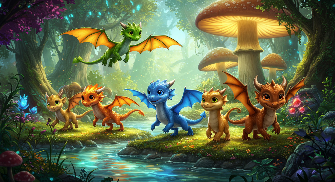 다섯 마리 어린 용들이 신비로운 땅에서 모험을 시작하는 모습