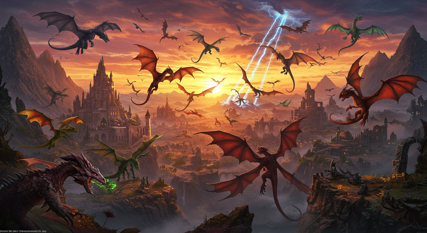 다양한 용 부족들이 복잡한 사회 구조를 이루며 전투 중인 판타지 세계