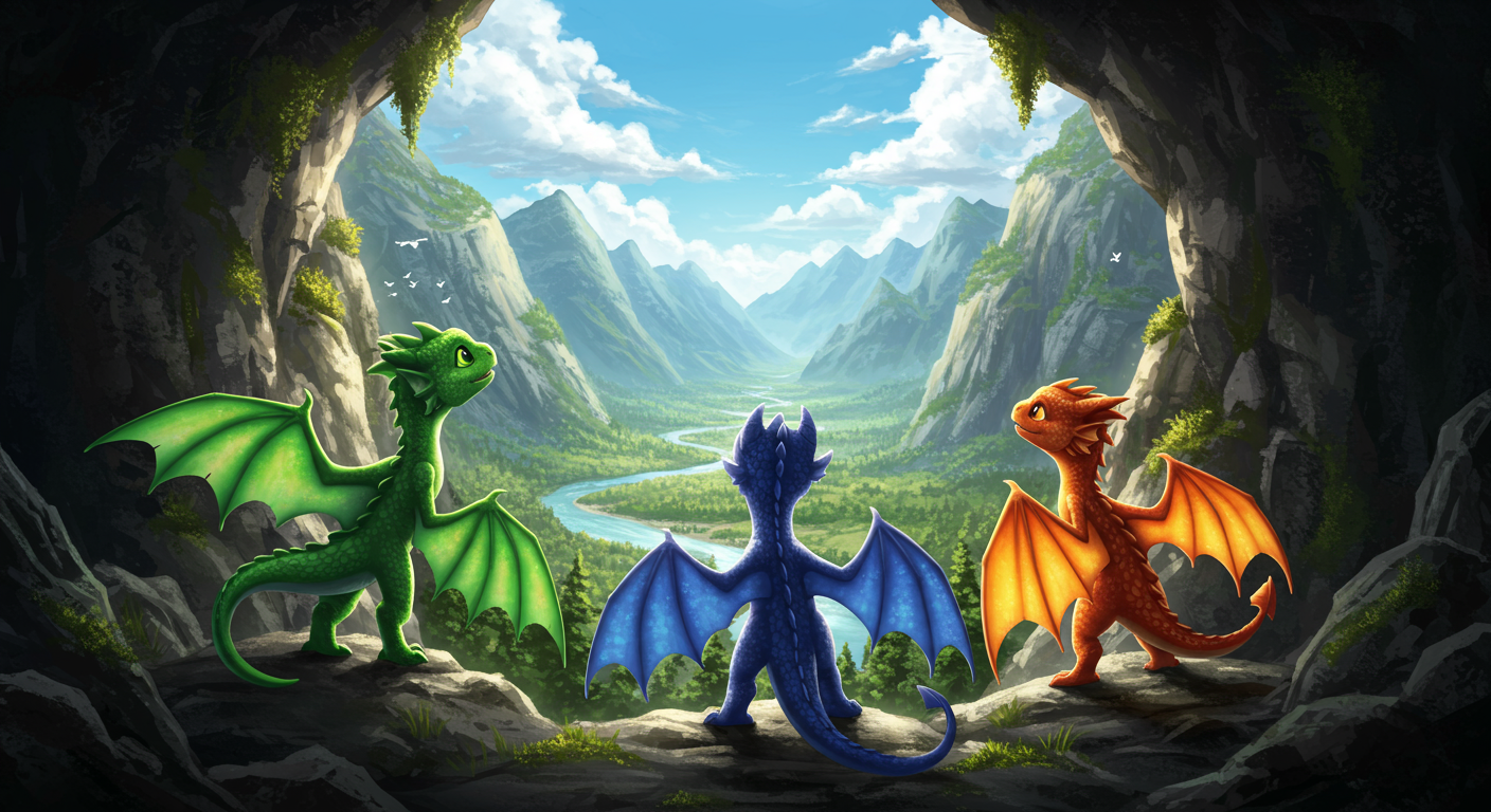 동굴에서 탈출해 처음으로 광대한 외부 세계와 마주한 어린 용들