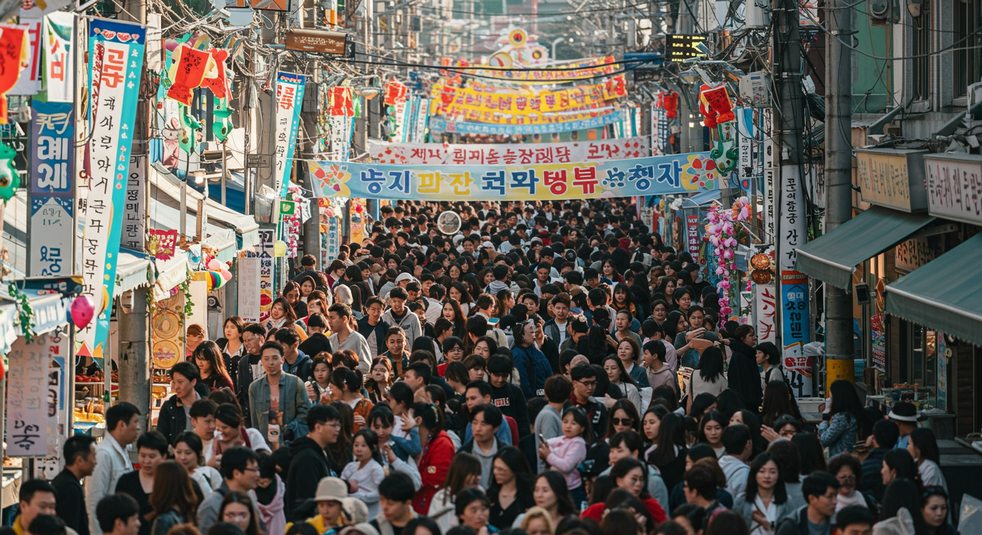 많은 사람들이 모여 있는 한국 축제 현장과 화려한 장식