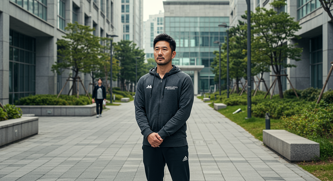 서울예대 캠퍼스에서 생각에 잠긴 남성이 운동선수에서 배우로 변신하는 모습