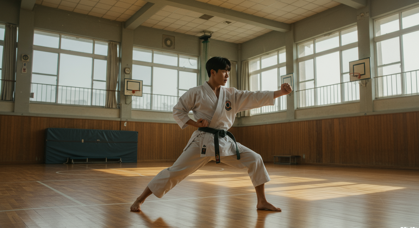 학교 체육관에서 카라테를 연습하며 결단력을 보이는 젊은 학생