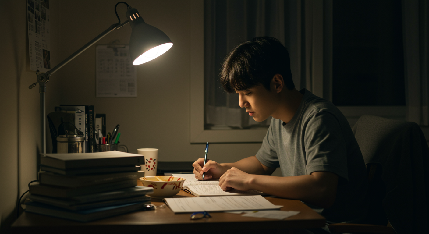 작은 도시 아파트에서 늦은 밤까지 공부하는 독립적인 젊은 남성