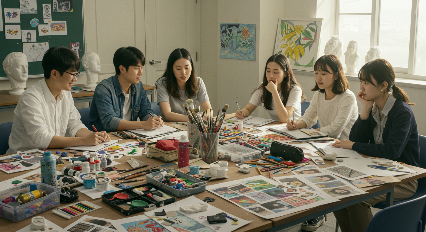 현대 한국 예술 대학생들이 강의실에서 취업 기회를 논의하며 다양한 미술 도구와 포트폴리오가 놓인 모습