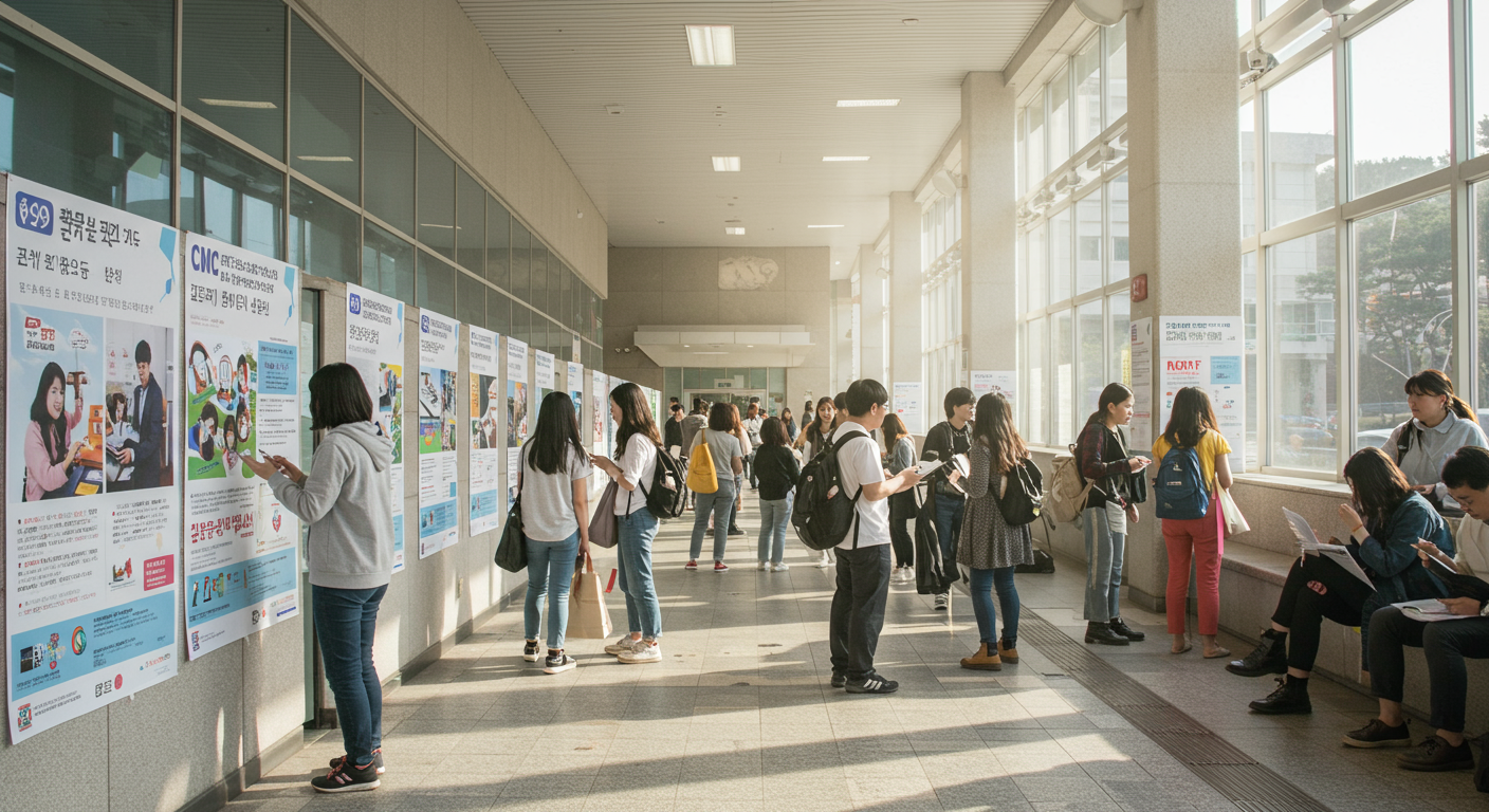산학협력 중심으로 워크숍과 네트워킹 이벤트에 참여하는 한국 대학 캠퍼스의 밝은 분위기