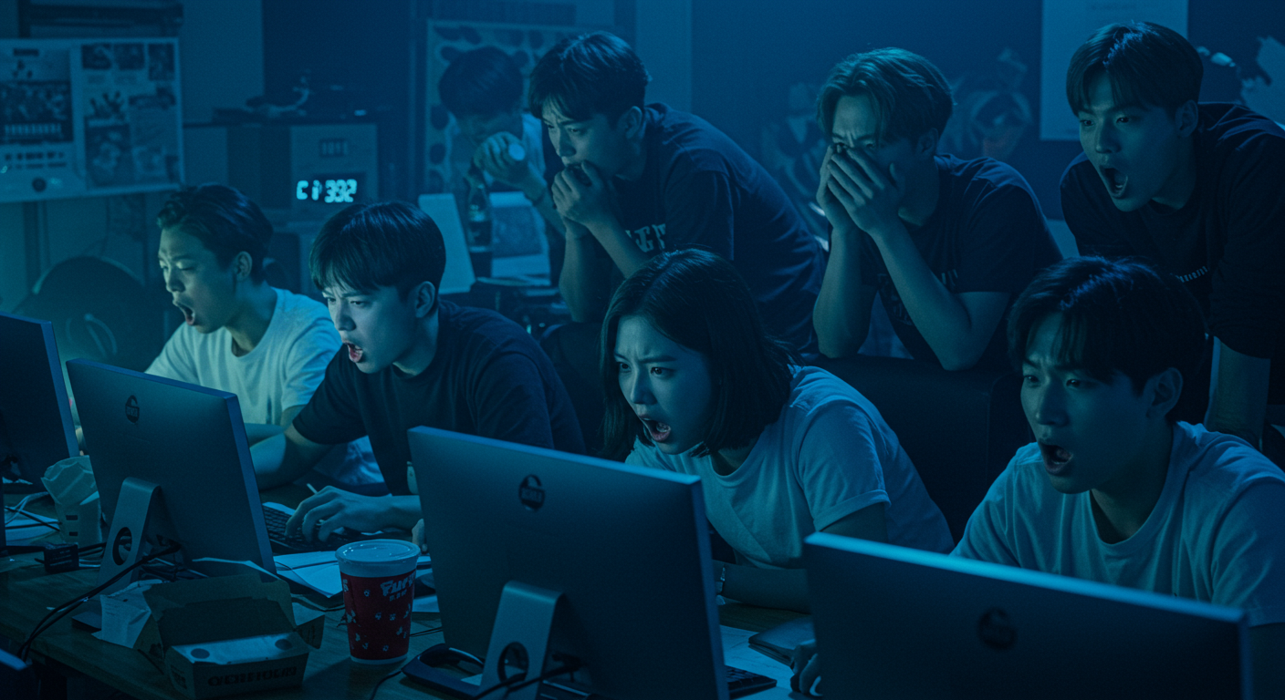 인기 아티스트 콘서트 티켓 예매를 위해 컴퓨터 앞에서 집중하는 음악 팬들