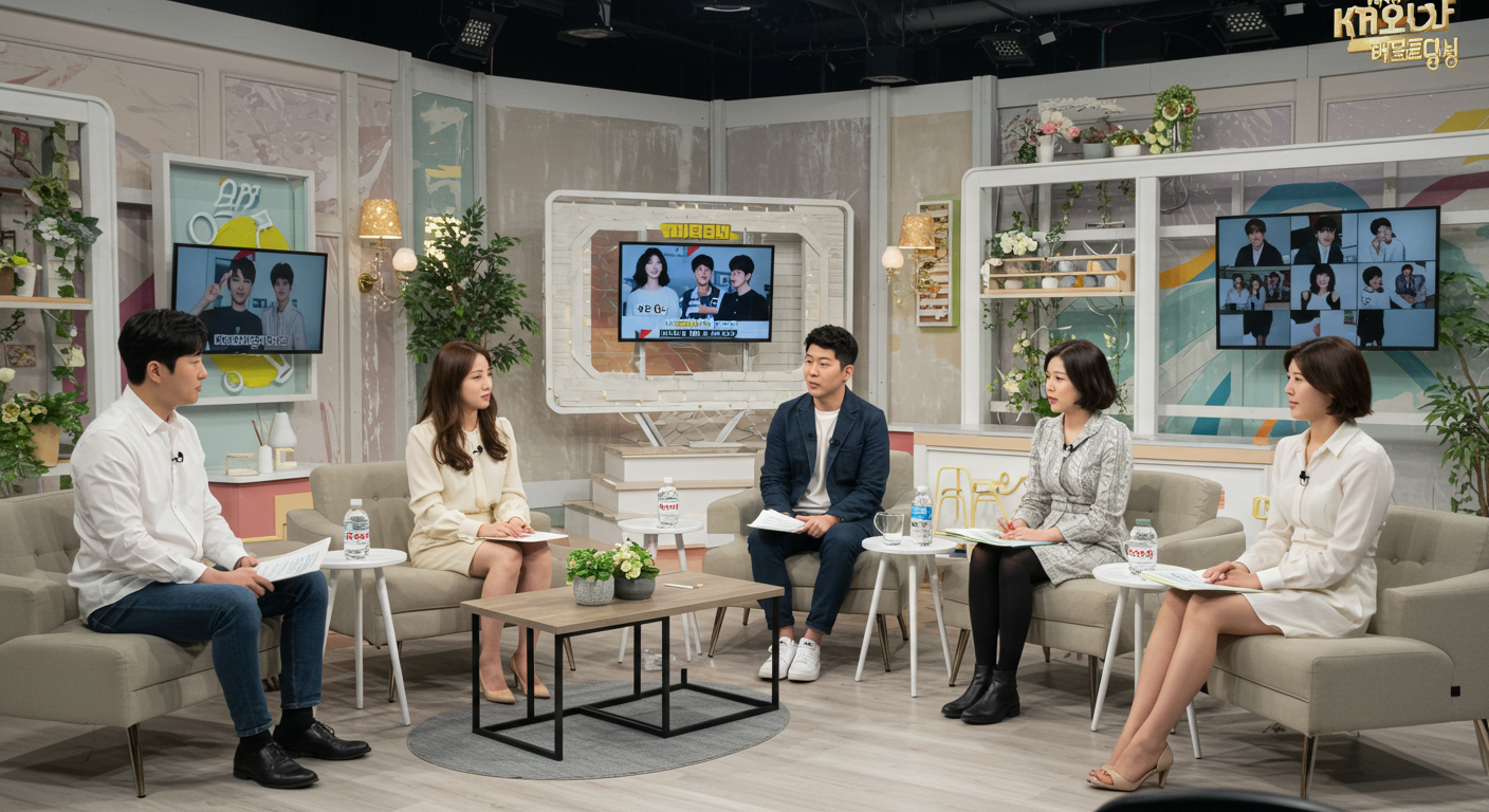현대적인 한국 TV 토크쇼 세트에서 참가자들의 관계를 논하는 패널리스트들