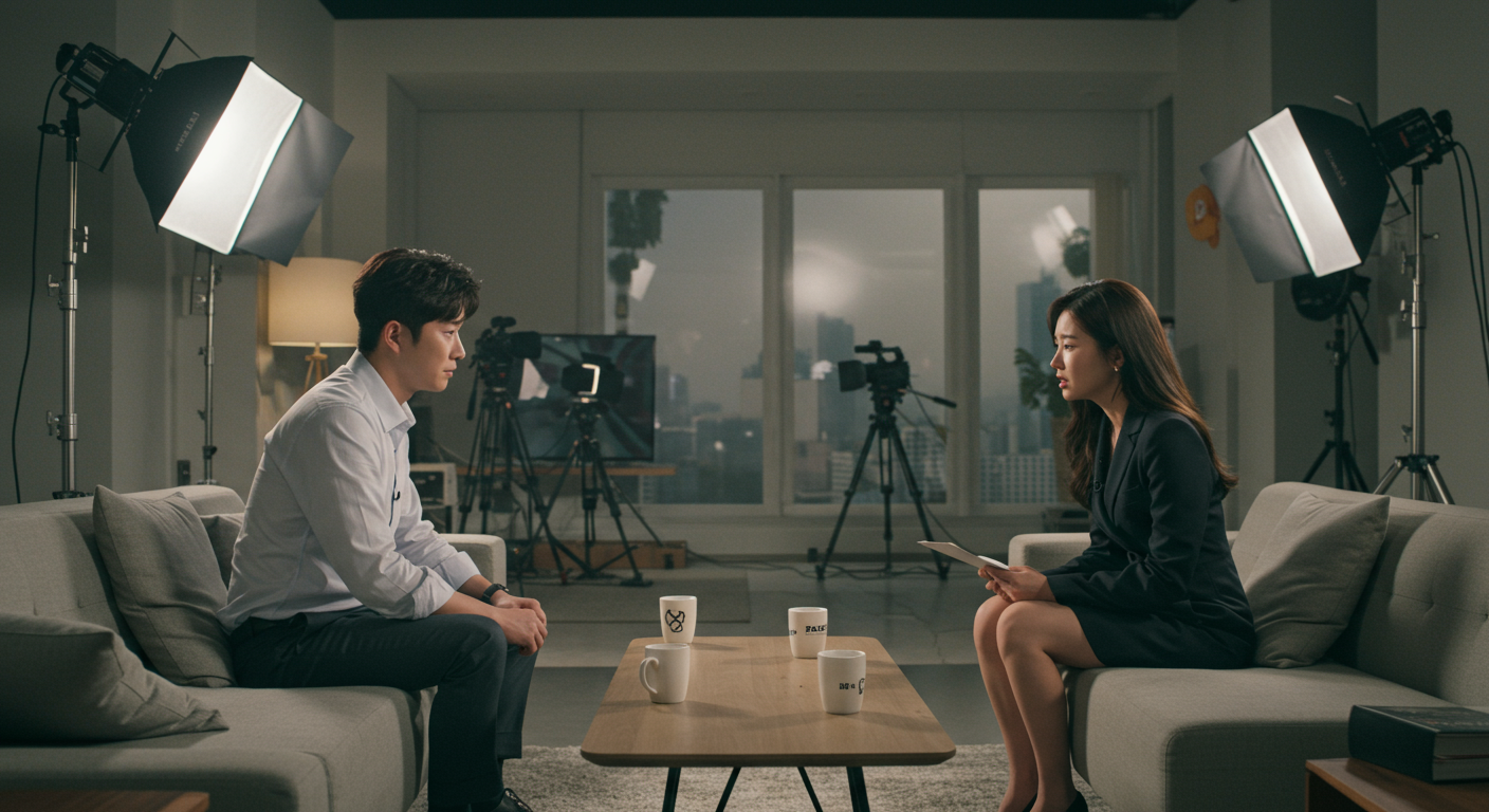 현대적인 거실에서 텔레비전 인터뷰 중 긴장감 도는 젊은 커플의 대치 상황