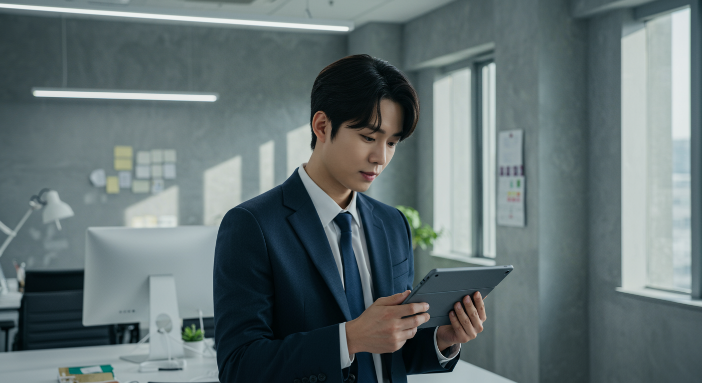 현대적 사무실에서 태블릿으로 웹툰을 읽고 있는 젊은 직장인의 모습