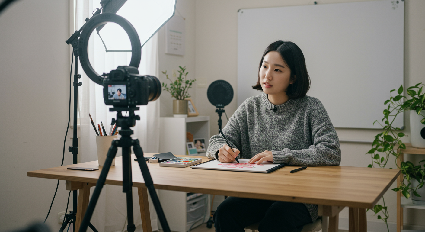 책상에서 유튜브 영상을 녹화하며 시청자들과 소통하는 한국 아티스트
