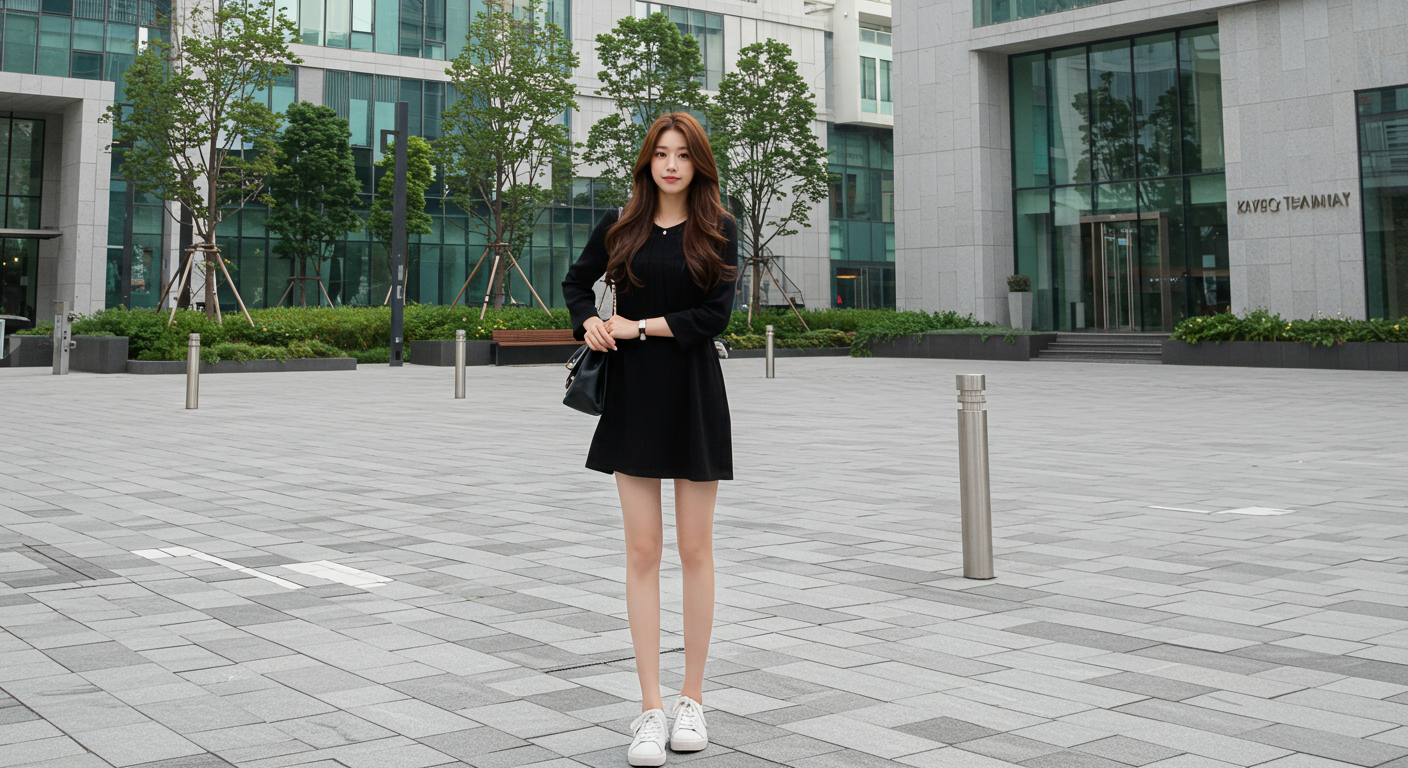 현대 도시 배경 속에서 세련된 모습으로 포즈를 취하는 여성