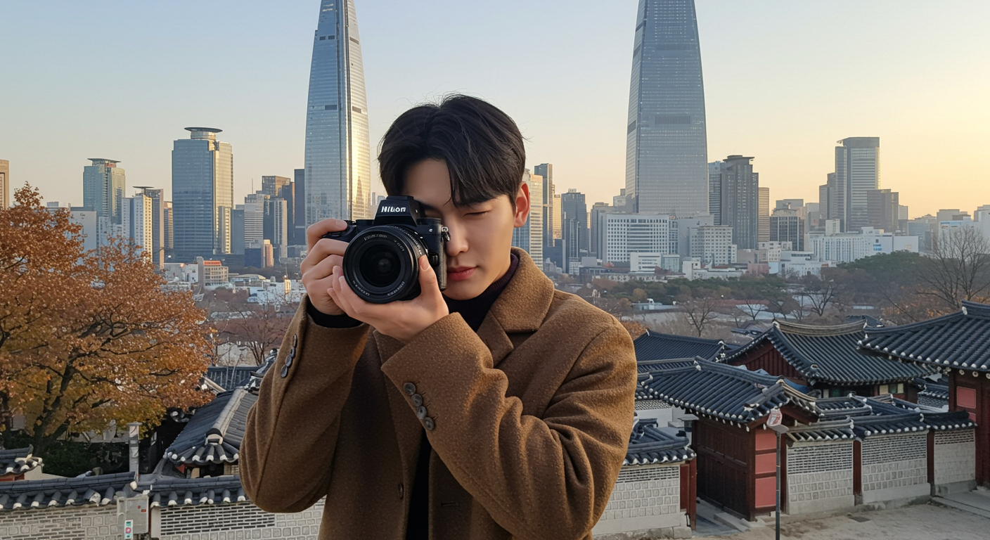 서울 도심에서 니콘 Zf 미러리스 카메라로 사진을 촬영하는 모습