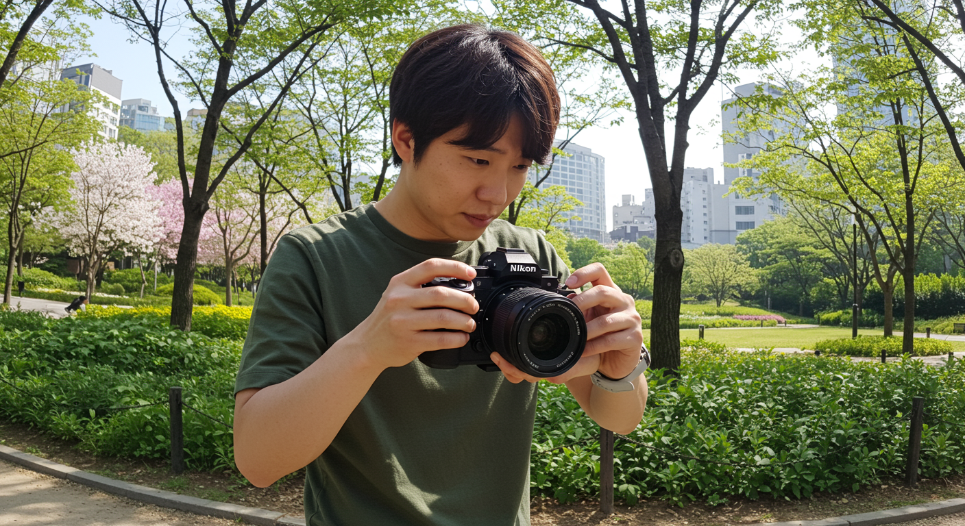 도시 공원에서 니콘 Zf 카메라의 다이얼을 조작하며 촬영하는 모습