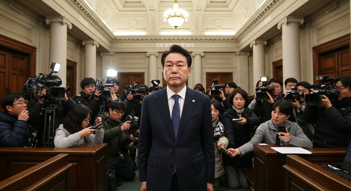 법정에서 기자들과 카메라에 둘러싸인 한국 정치인의 모습