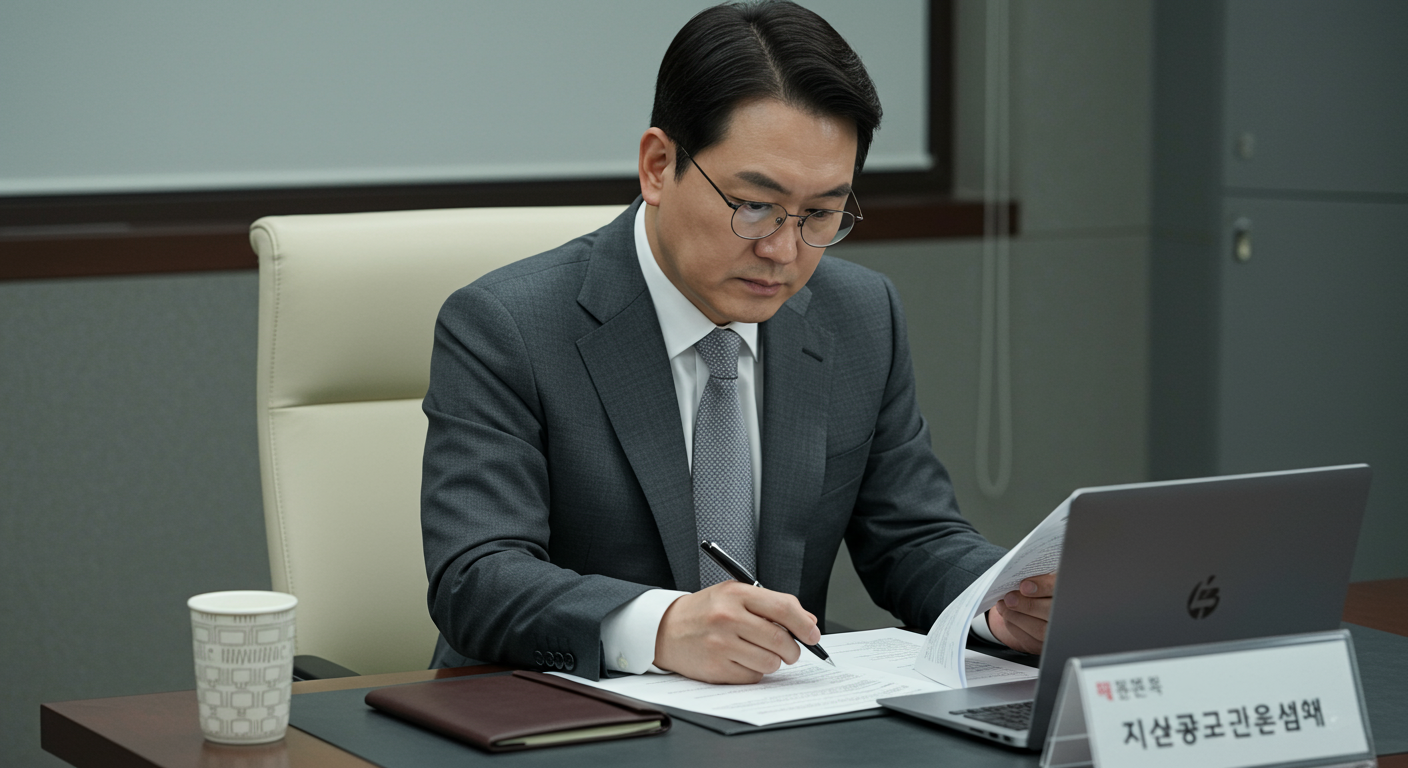 한국 정치인의 사무실에서 서류를 검토하는 모습